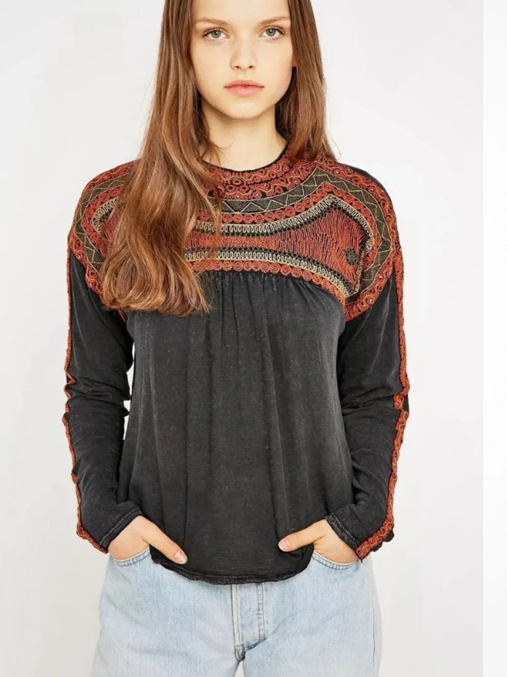 Free People Slub Jersey Embellished Bunny Top Gray Embroidered Boho Size S*14
